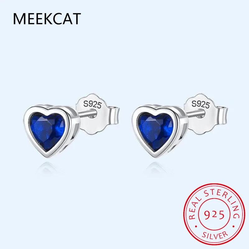 Real 925 Sterling Silver Blue Sapphire Earring Fashion Romantic Heart CZ Stud Earring For Daughter Girl Fine S925 Jewelry DE0038