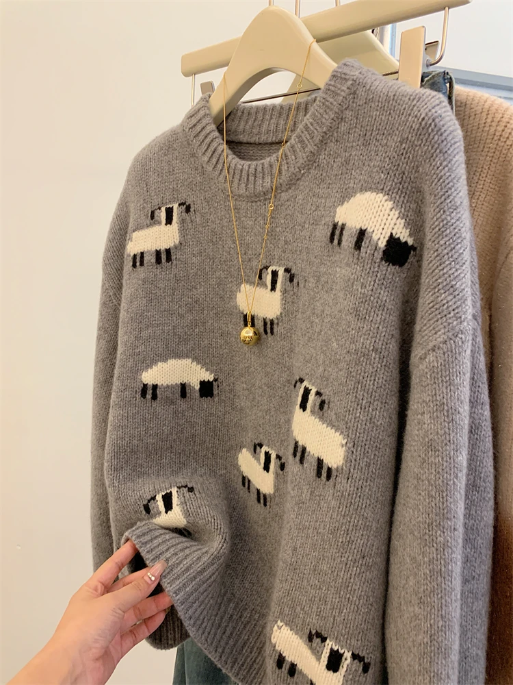 Korean Fashion Sweet Casual Knitting Long Sleeve Pullovers Women Autumn Winter Y2K Jumpers Animal Print Round Neck Retro Sweater