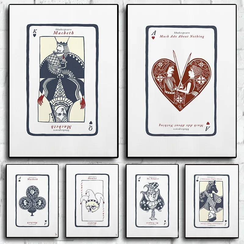 Shakespeare Literary Wall Art Minimalist Playing Card Posters of Othello Midsummer Night's Dream Vintage Book Lover Gift Decor