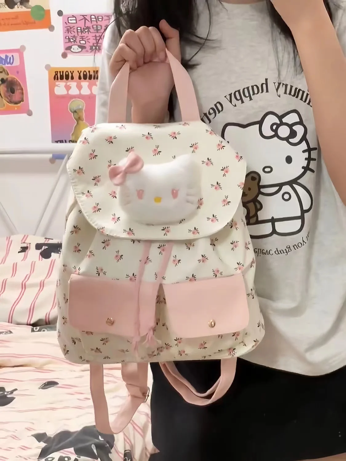 School bag backpack 2024 cute girl student commuting Lina Bell doll HelloKitty high appearance backpack new floral canvas bag