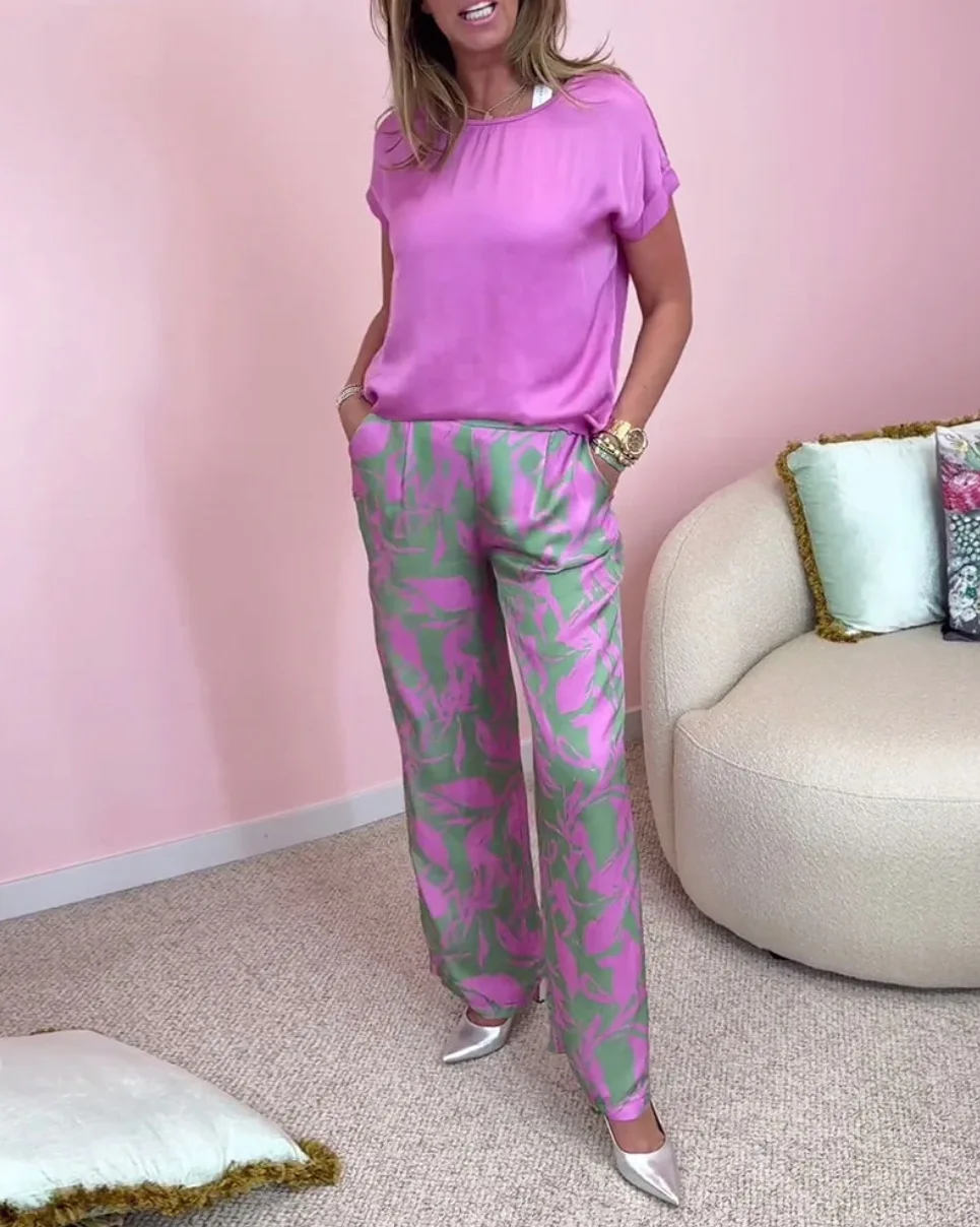 

Spring Casual Two Piece Set Loose O-neck Short Sleeved Pullover Top Elastic Waist Printed Trousers Set Women Fashion Sports Suit