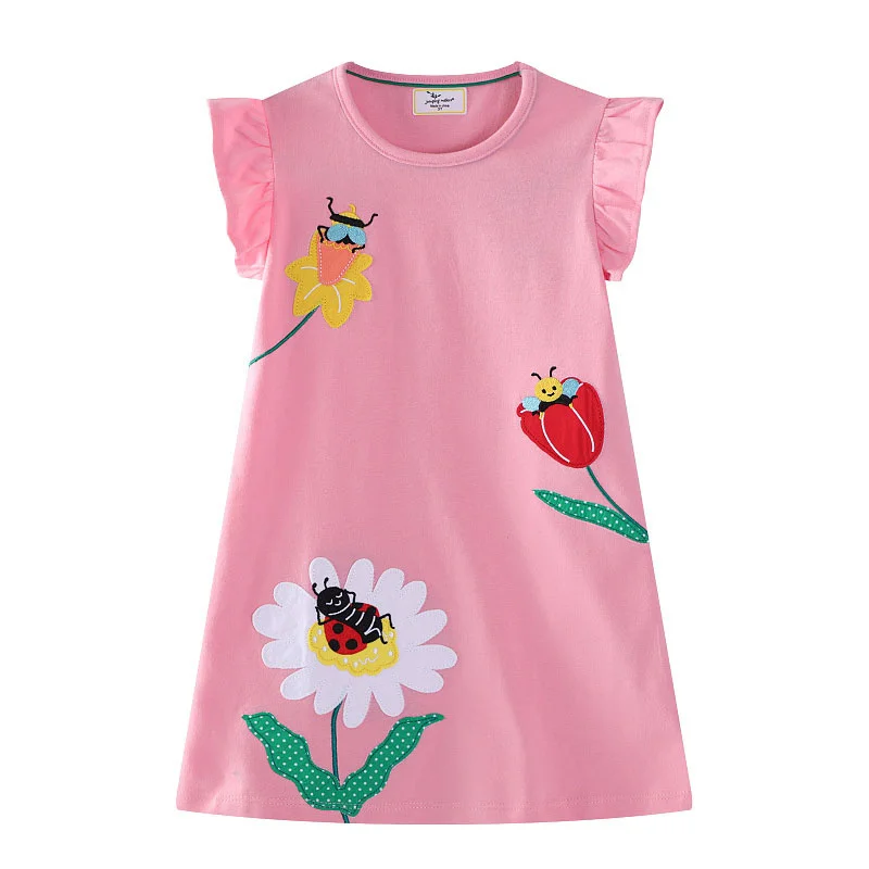 

Jumping Meters Flowers Applique Bee Baby Girls Clothing Summer Girls Dresses Kids Cotton Clothing Princess Party Frocks