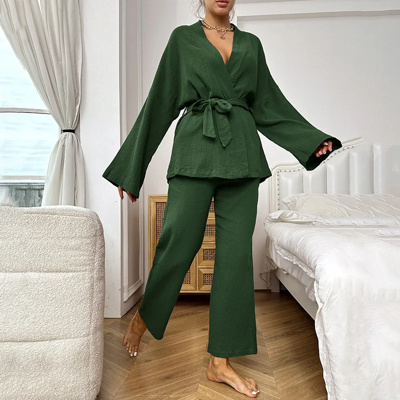 Women\'s Pajamas Home Clothes Long Sleeve Robe Kimono Pajama Pants Cotton Sleepwear Pj Sets Spring Loungewear Pijama Pyjama Femme