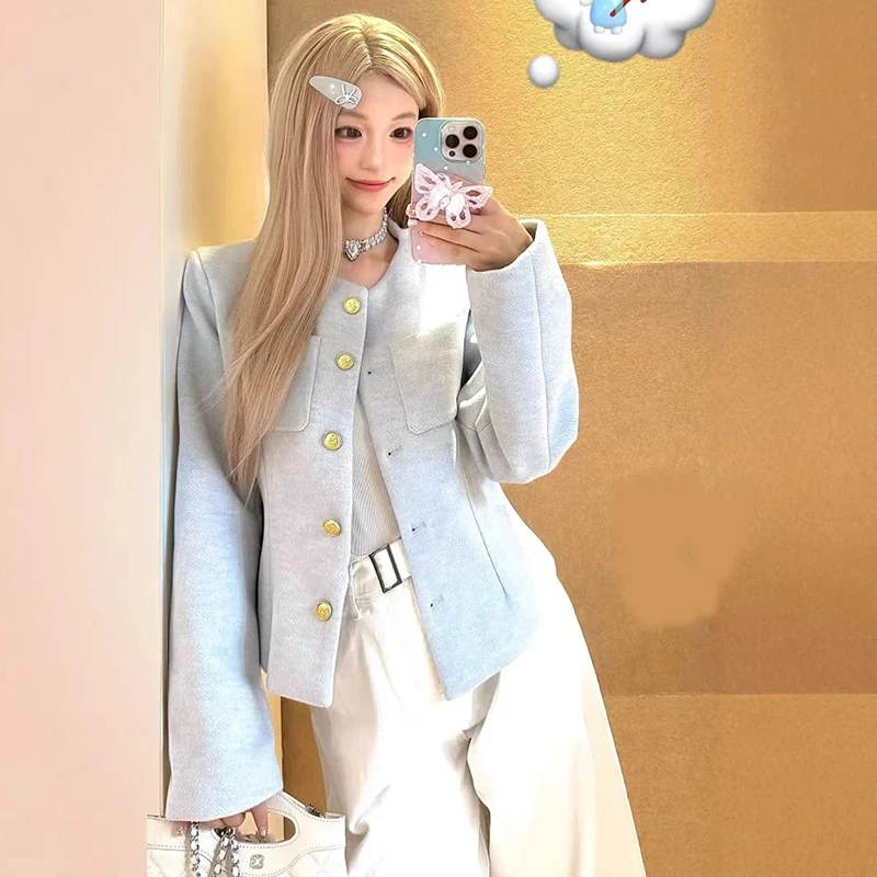 

French Blue Chic Crop Coats Women Elegant Small Fragrance Office Lady Jacket Long Sleeve O Neck Casual Button Slim Gentle Tops