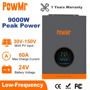 PowMr-Hybrid محول للطاقة الشمسية ، عاكس منخفض التردد ، طاقة قصوى مع MPPT ، شاحن شمسي 60 أمبير ، 24 فولت ، 110 فولت ، 220 فولت ، 9000 واط ، حمولة عالية ، 3 كيلو واط أعلى 10 مبيعات من 50 هرتز إلى 60 هرتز عاكس تردد - No9