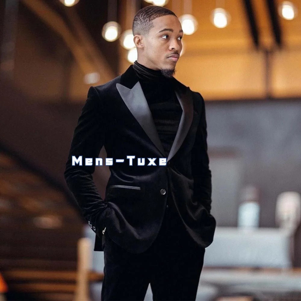 Samt Herren Anzüge Slim Fit Groomsmen Hochzeit Smoking 2 Stück Sets Schwarz Erreichte Revers Blazer Formale Anzug Mit Jacke Und hosen