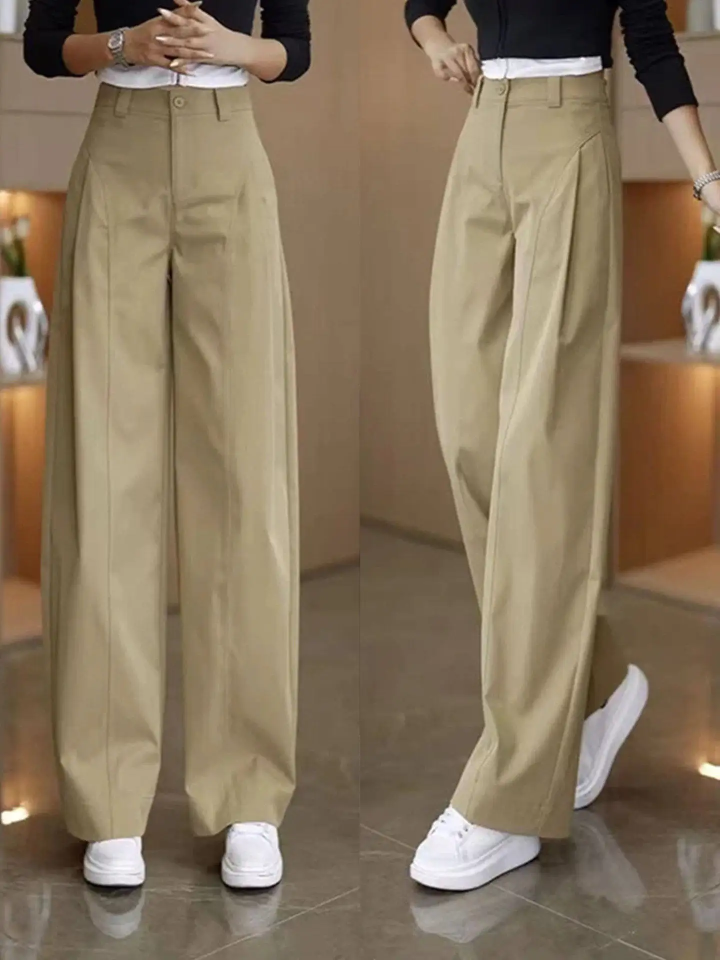 

Khaki Wide Leg Pants Women's High Waist Straight Cut Fashionable Summer New Style Casual Trousers Korean Style Pure Color