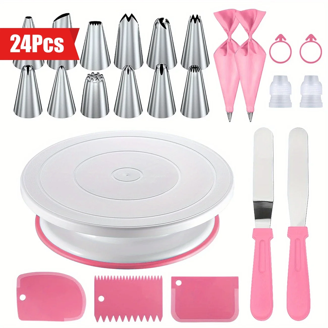 Juego de decoración de pasteles de 24 piezas, plato giratorio antideslizante con 12 puntas de tubería, raspadores y herramientas para herramientas profesionales para hornear, boquillas para tuberías