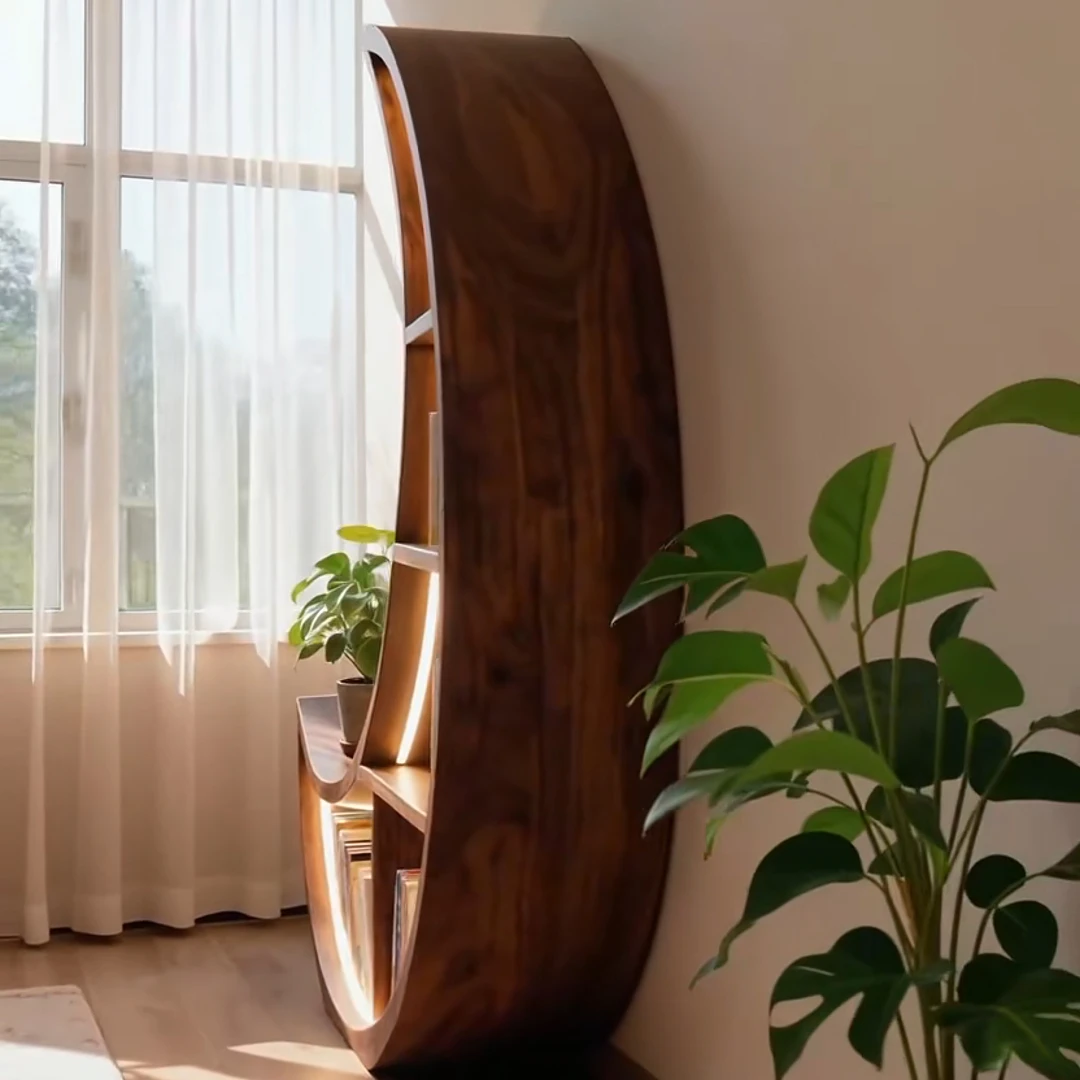 رف كتب جديد على الطراز الصيني في أمريكا الشمالية من خشب الجوز الأسود على شكل قمر، رف كتب بسيط جمالي على طراز الأغنية، متكامل #3