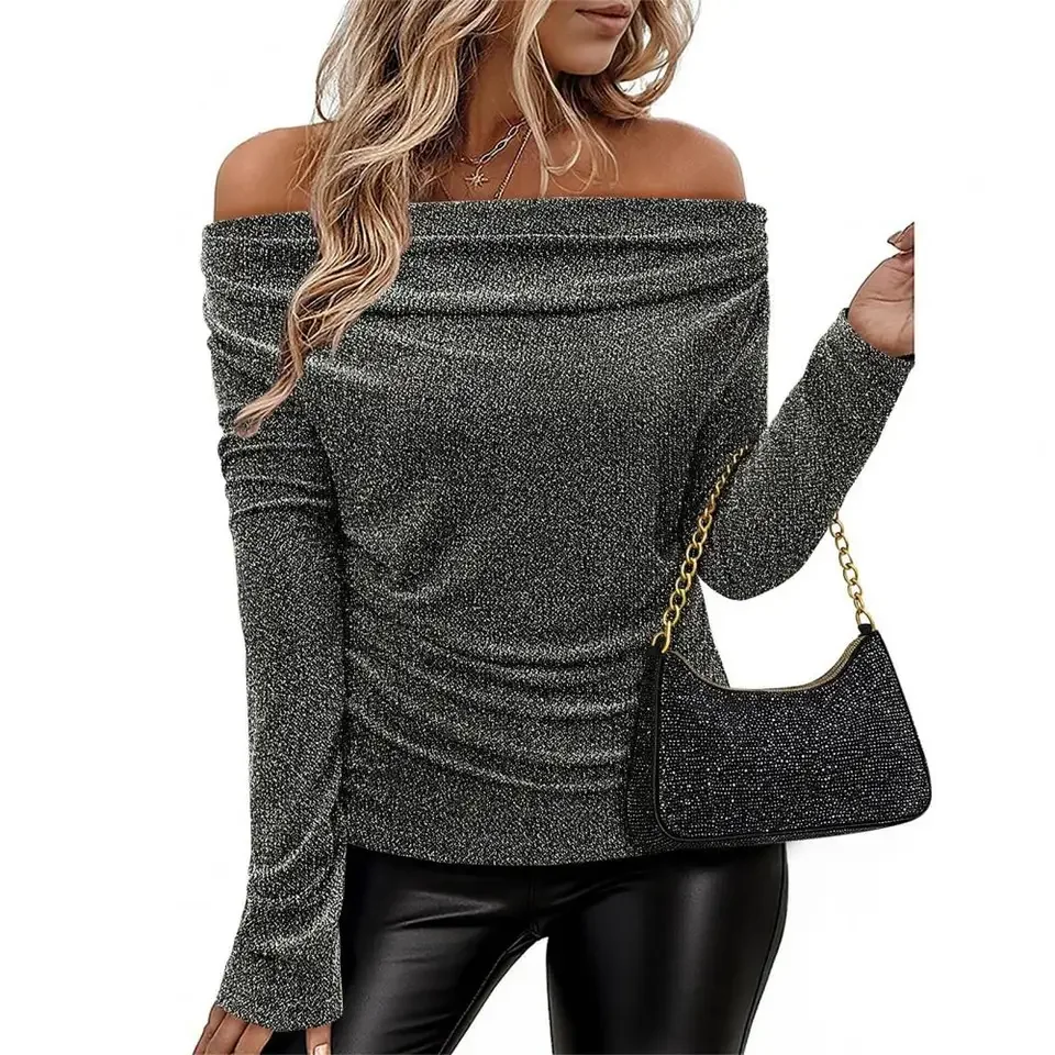 

Stretchy Tshirts Girls Long Sleeve Folds Collar Tops Slim Women Autumn Tees T Shirts Pullover Glitter Solid Color Stretchy Tops