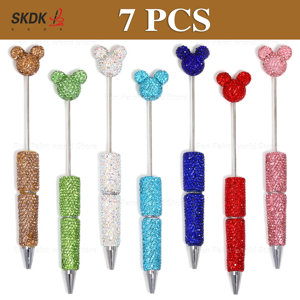 

7 шт., шариковая ручка из бисера со стразами «сделай сам» — топпер с головой Микки, практичная ручка из бисера для школы, офиса и подарков