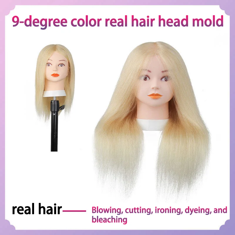 Modelo de cabeza de cabello real a todo color de 9 grados para aprendices de peluquería, práctica de corte, modelo de cabeza de muñeca para Estilismo