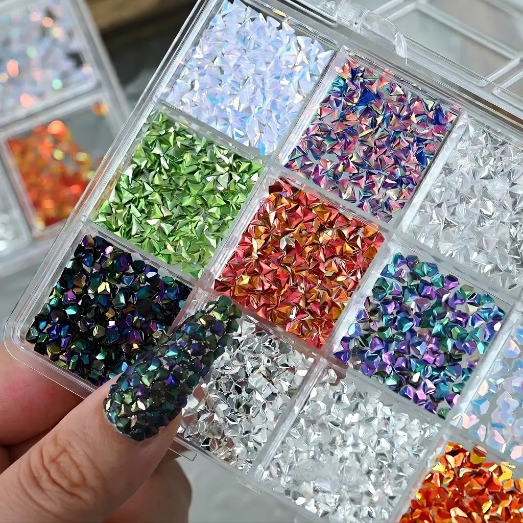 12Grids 3D Holographic Triangle Nail Art Rhinestones Iridescent Triangles Crystal Diamond Nails Charms DIY Manicure Accessories
