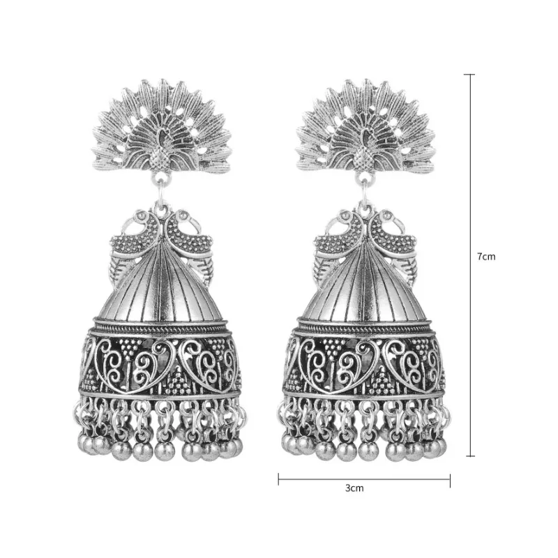 2024 Ethnic Jhumka Earrings for Women Nepal Bohemian Jewelry Exaggerated Retro Indian Style Hollow Bell Pendant Peacock Earrings