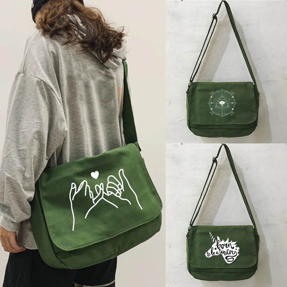 2025 new Shopping Pouch Messenger Bag Women Vintage Green Handbag White Picture Series Portable Versatile Flip Organizer Pouch