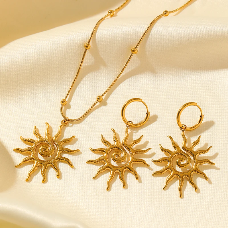 EILIECK 316L Edelstahl Vintage Sonnen-Halskette und Ohrringe Set für Damen, Trendiges 18K Vergoldetes Wasserdichtes Strand-Schmuckgeschenk – Detail 13