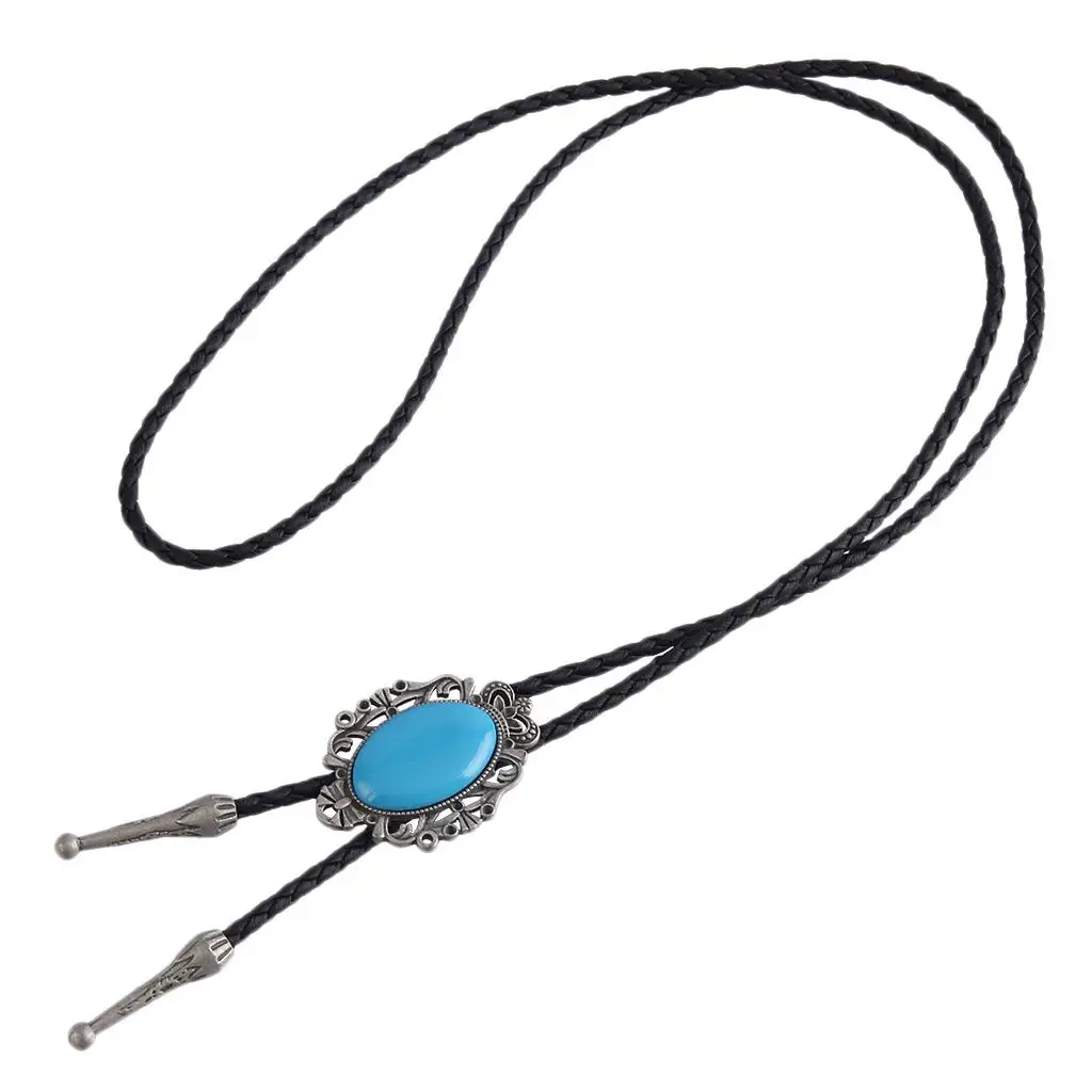 Mens Retro Bolo Tie Adjustable Western Necktie Alloy Turquoise Pendant Necklace for Cowboy Style
