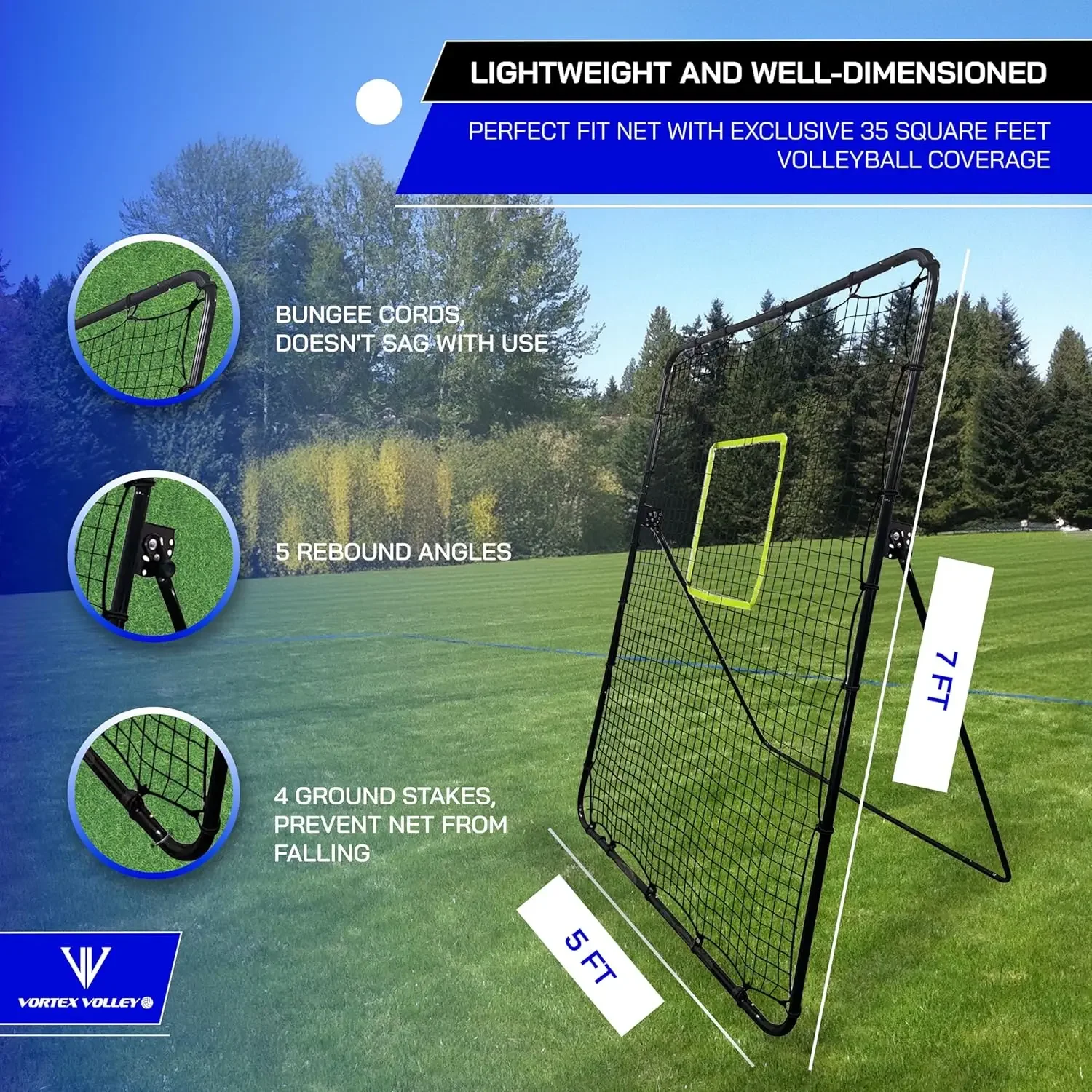 5x7ft Volleyball Bounce Back Net, 5 Adjustable Rebound Angles with Neon Target and Adjustable Bungee