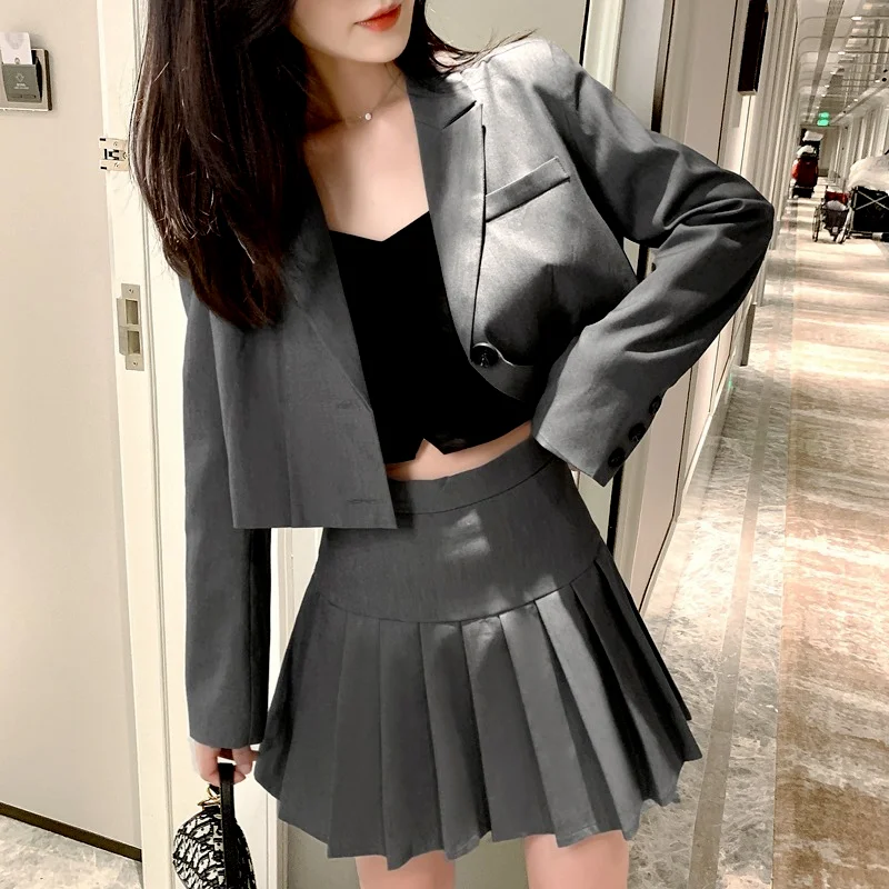 

Women's Jacket Long Sleeve Student Pleated Skirt Suit Female Silver Grey Blazer Lady Office Work Suit Blazers Short Dress