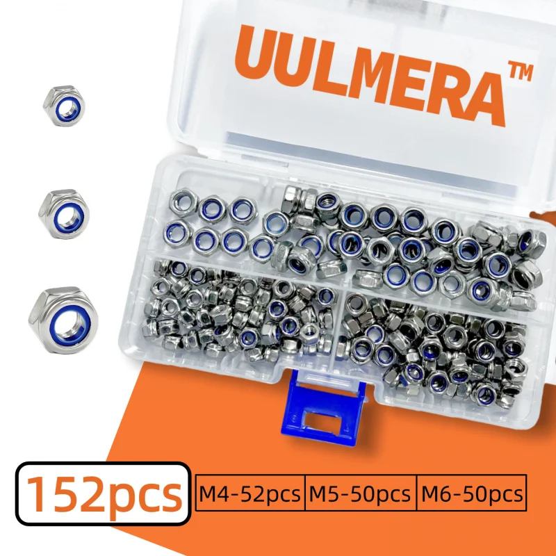 

Набор стопорных гаек UULMERA из нержавеющей стали, 152 шт., 3 размера (M4-M6), с нейлоновыми вставками, для крепления шайб, полированная поверхность