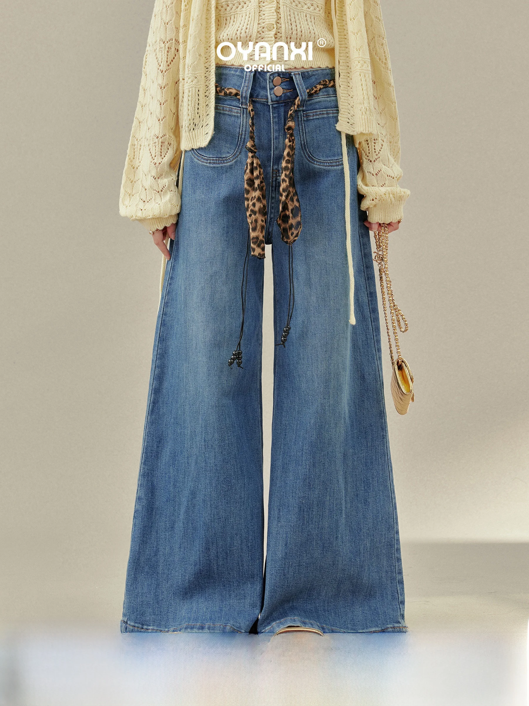 

Женские джинсы с высокой талией и драпировкой, широкие брюки прямого кроя, осенняя новинка от Ou Yang Xi Vintage Sle Spring Brand