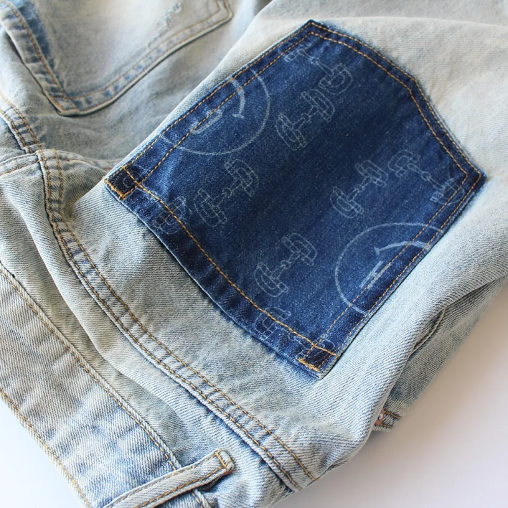 Contrast color pocket embroidery printing washing and worn edged summer men's straight loose denim five-point pants