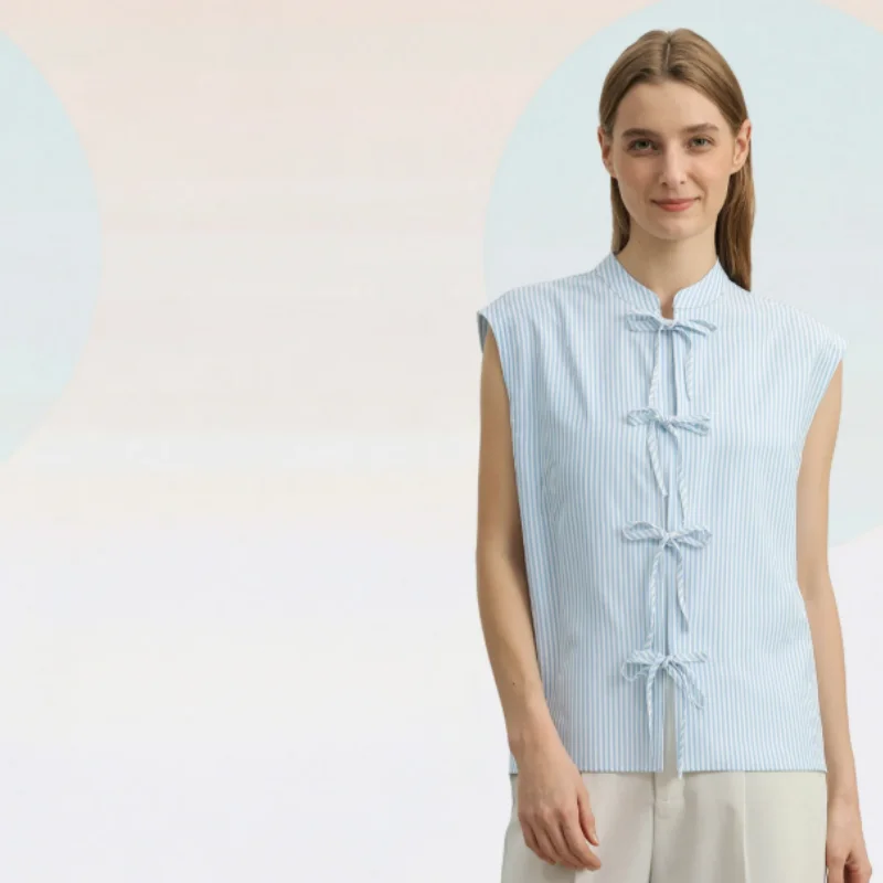 Women's Shirt 2026 Summer New Vertical Stripe Sleeveless Stand Collar Front Tie Slim Fit Chinese Style Shirt