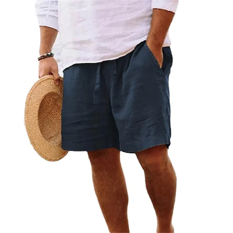2025 Summer Cotton and Linen Shorts Drawstring Elastic Waist Solid Color Breathable Daily Beach Five Points Casual Medium Pants