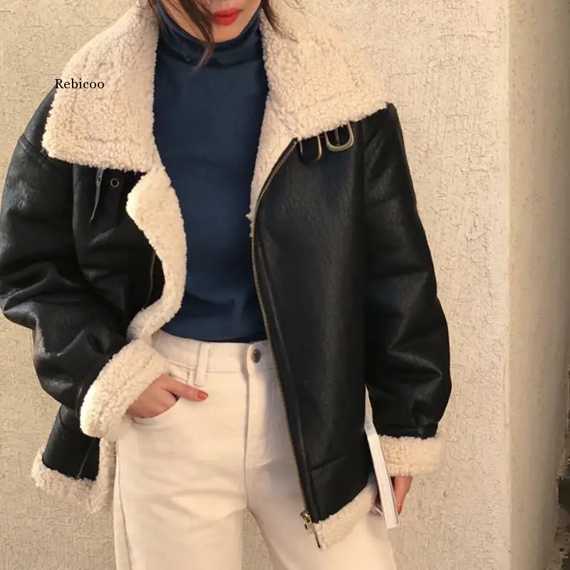 

Women Faux Leather Fur Coats Wool Jackets Woman Fashion Long Sleeve Thick Korean Outwear Winter Warm Coats Short Locomotive Coat