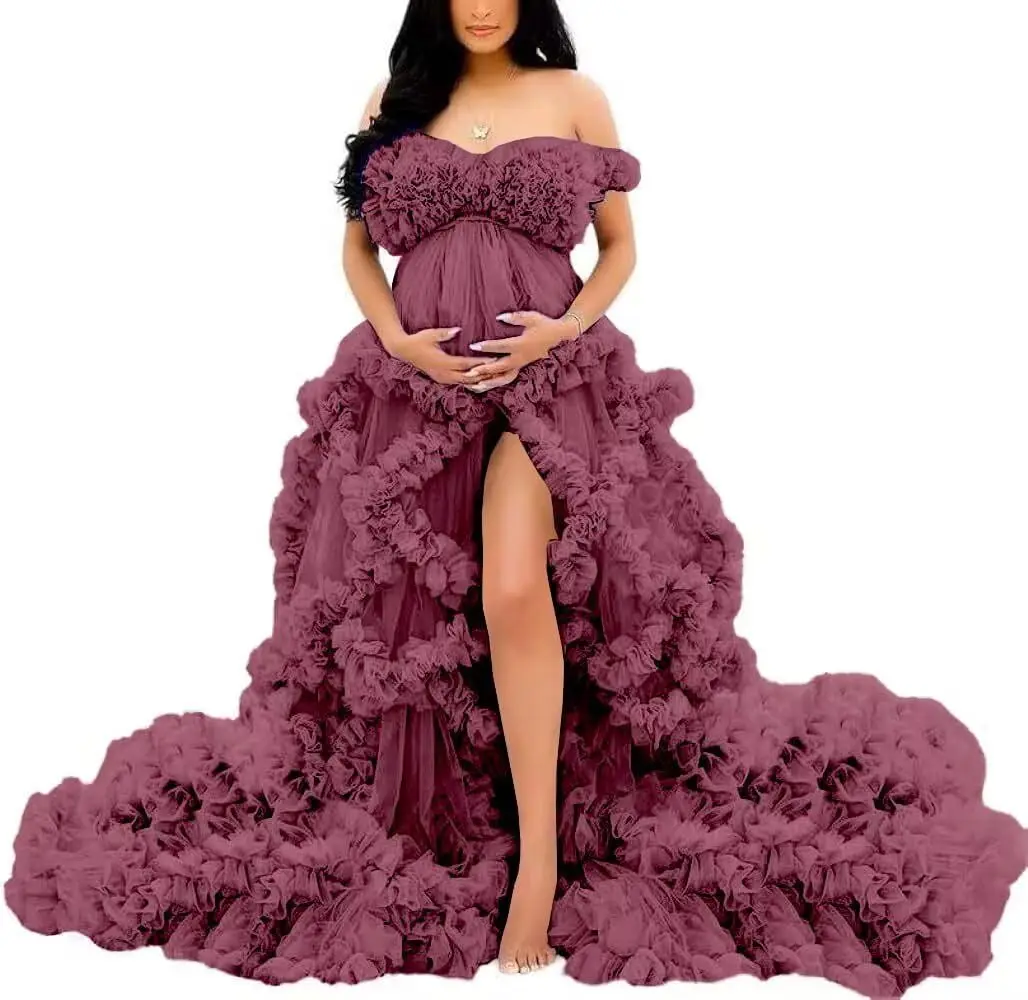 Fotoshoot & babyshower tule zwangerschapsjurk - off-shoulder, puffy ruches, elegante lange jurk voor zwangerschap