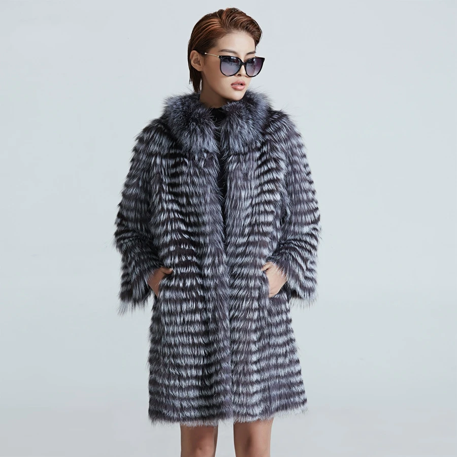 Free Shipping Stand Collar Real Fur Overcoat Women Natural Sliver Fox Fur Coat