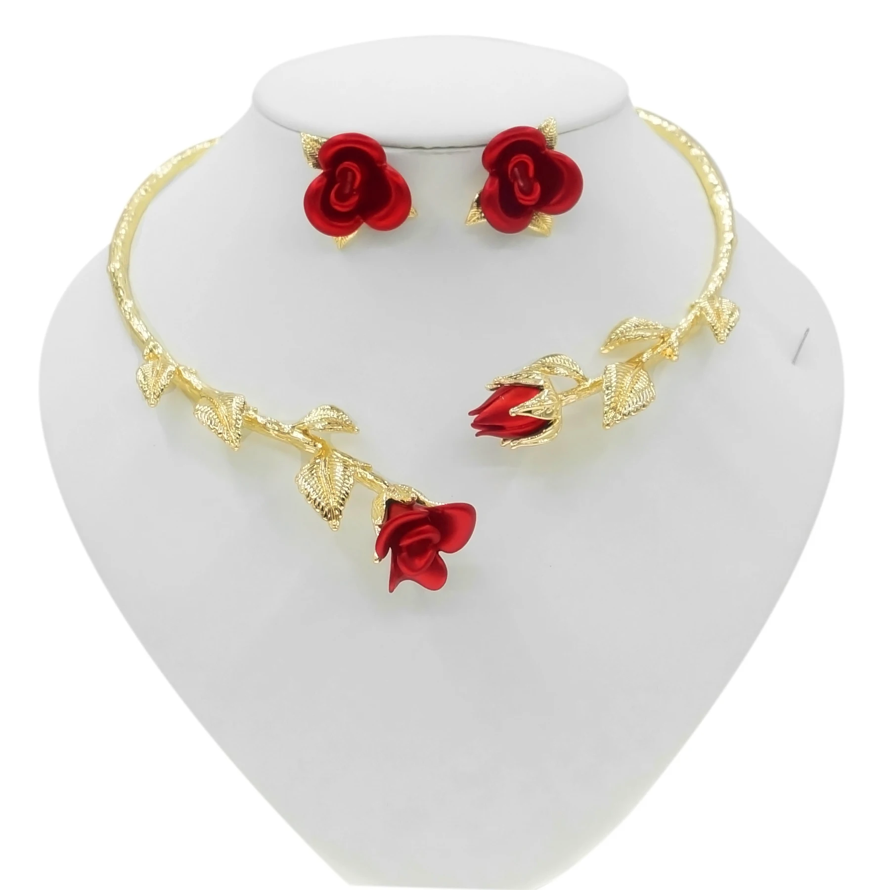 gold jewelry conjunto para mulheres forma de flor vermelha colar brincos fashion trend smart popular dubai pcs 18k 01