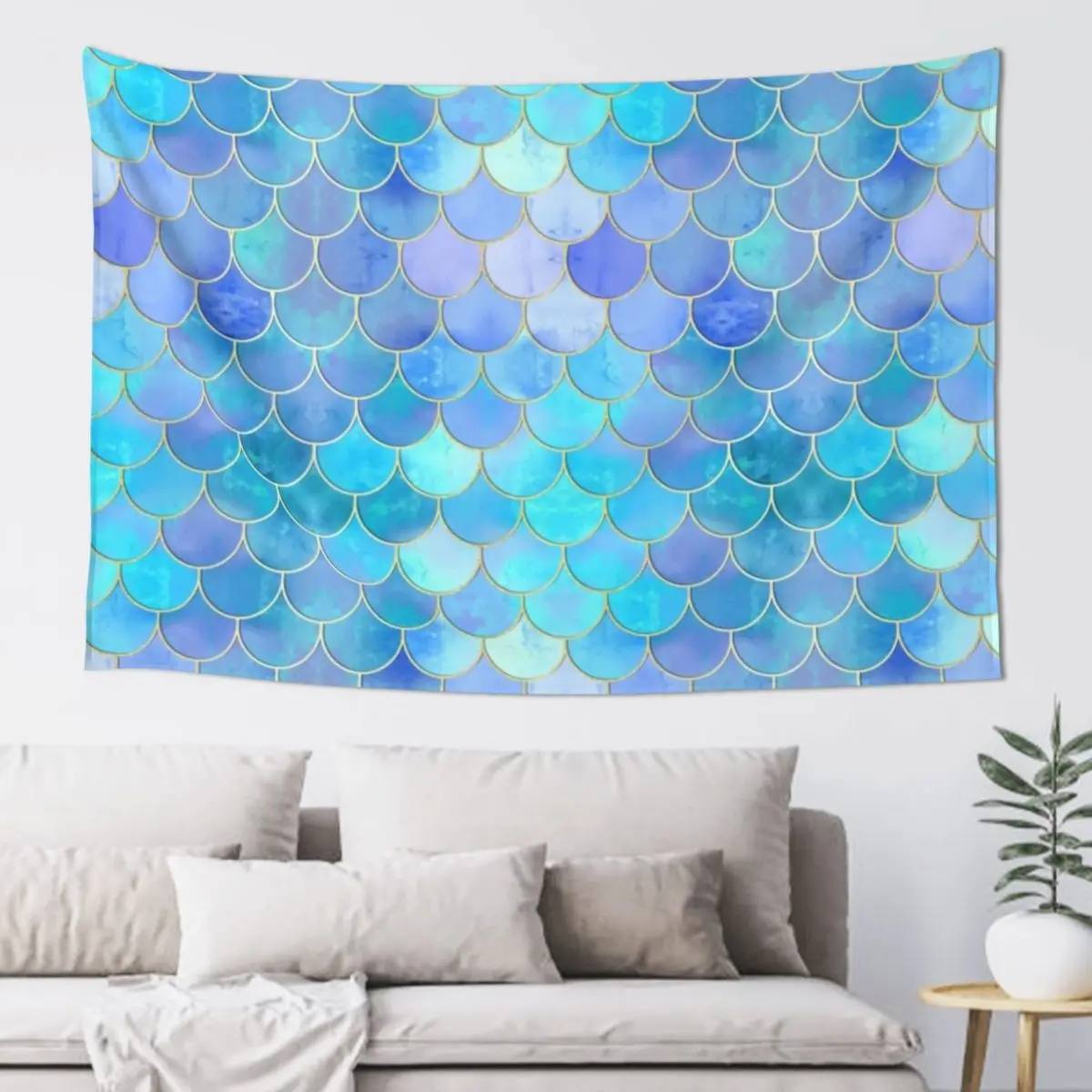 Aqua Pearlescent & Gold Mermaid Scale Pattern Tapestry Wallpaper Bedroom Room Aesthetic Decor Home Decorating Tapestry