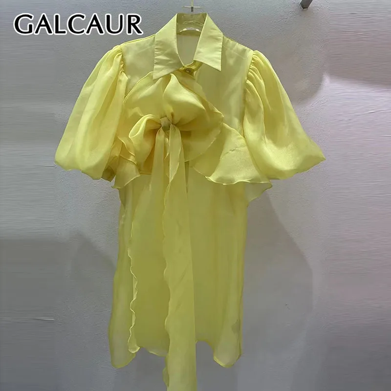 

GALCAUR Yellow Spliced Lace Up Female Shirt Lapel Short Sleeve Single Breasted Loose Casual Women's Shirts Fashion Summer Style