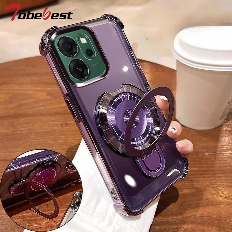 Clear Shockproof Plating Magnetic Magsafe Bracket Case for OPPO Reno 14 14F 13 13F 12 12F 11 11F 10 Pro Plus Silicone Cover
