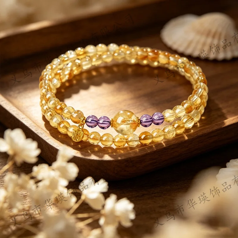Chinese Style Natural Yellow Tower Crystal Dual Wrap Handstring Bracelet Lucky Wealth Fu Charm Amethyst Beads Women Jewelry Gift