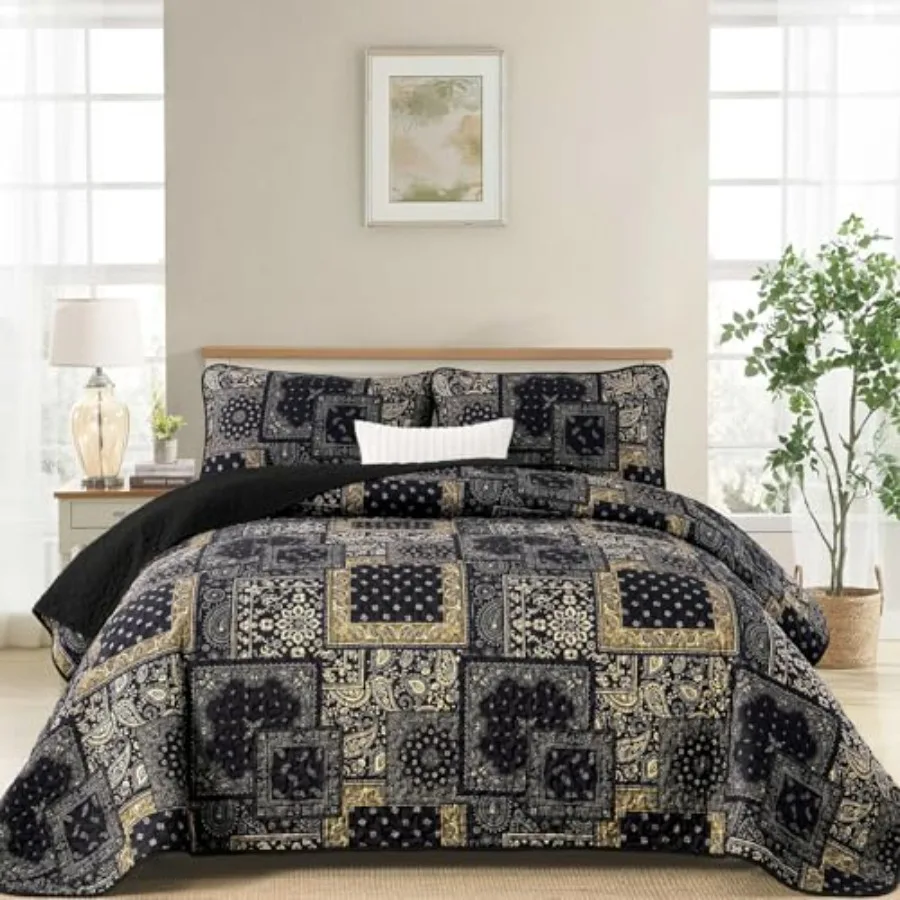 

Boho Patchwork Quilt Set Size Fall Bedspread Paisley Floral Bedding Set Soft Microfiber Quilt with 2 Pillow Shams 96"x90