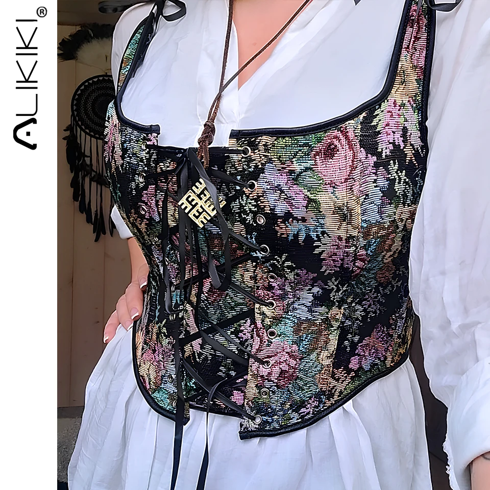 Vintage Lace-up Corset Women's Top Crop Sexy Floral Bustier For Woman Elegant Camisole Renaissance Ren Faire Outfit