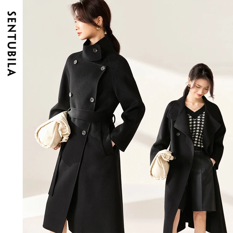 SENTUBILA Women's Long Woolen Overcoats 2024 Winter Outerwear Elegant Turtleneck Warm Double Breasted Belt Wrap Coat W24O42064