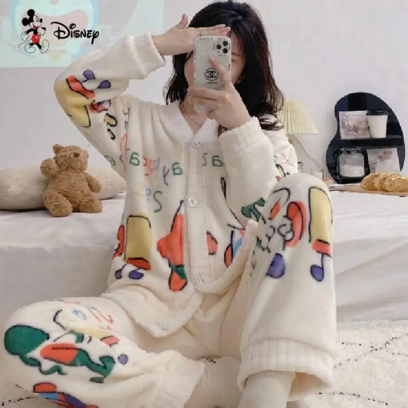 Ensemble pyjama chaud à manches longues pour étudiantes, Kawaii, vêtements de maison épais pour femmes, ensemble deux pièces doux et à la mode, Anime, hiver