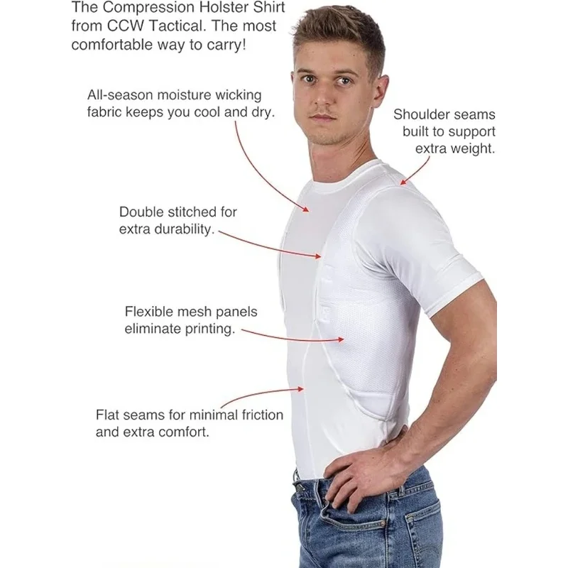 Men's Concealed Carry Holster Shirt Hidden Short Sleeve Crew Neck T-Shirt Quick Dry Secure Hook Loop Pocket Hunting Base Layers
