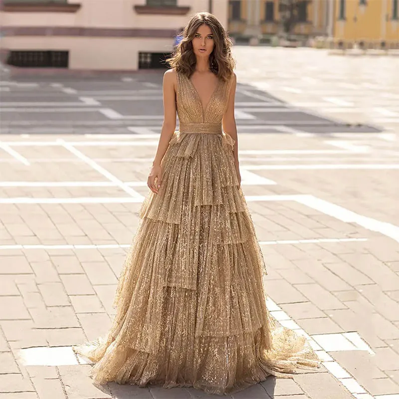 Sparkling Lace Mesh Evening Dresses Women Gold Long Sleeve A Line High Waist Applique Beaded Sexy Prom Ball Gowns