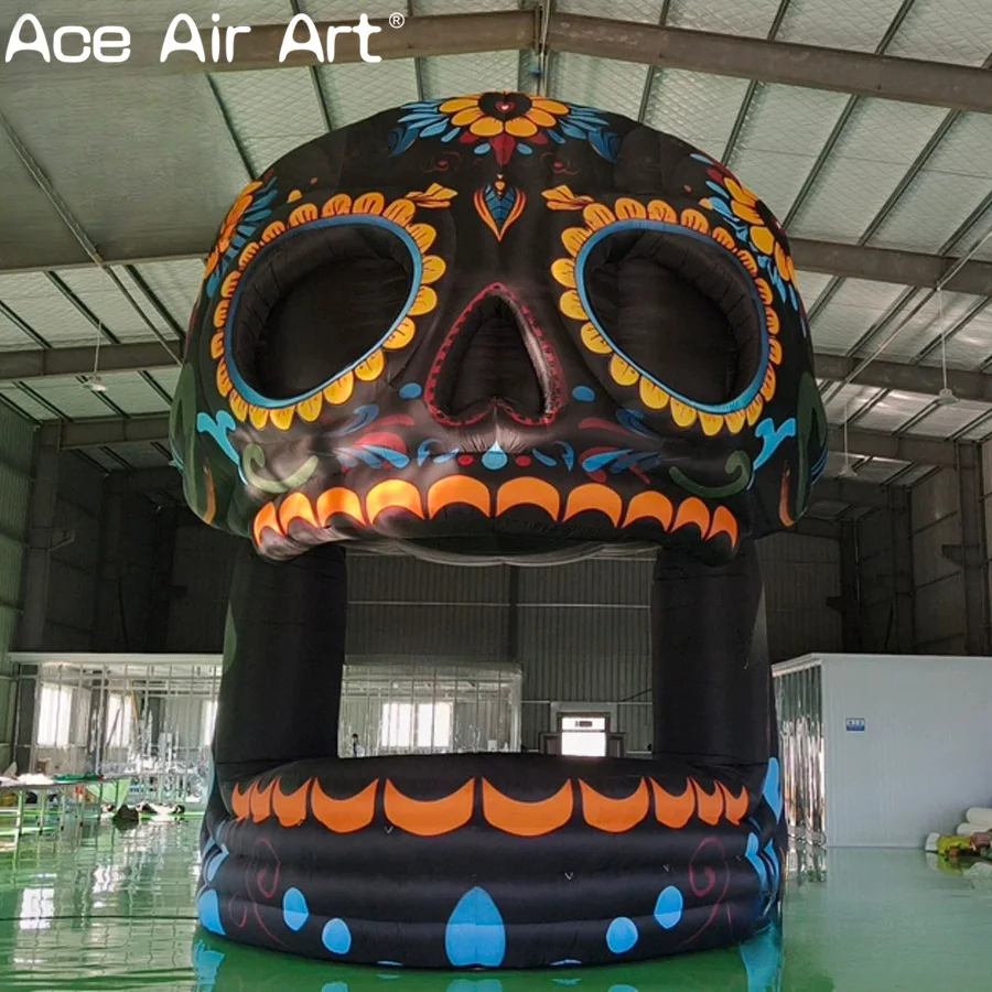 Op maat gemaakte skelet DJ Bar opblaasbare stand voor buiten muziekfeest evenement Halloween zwarte schedel bar tent voor decoratie