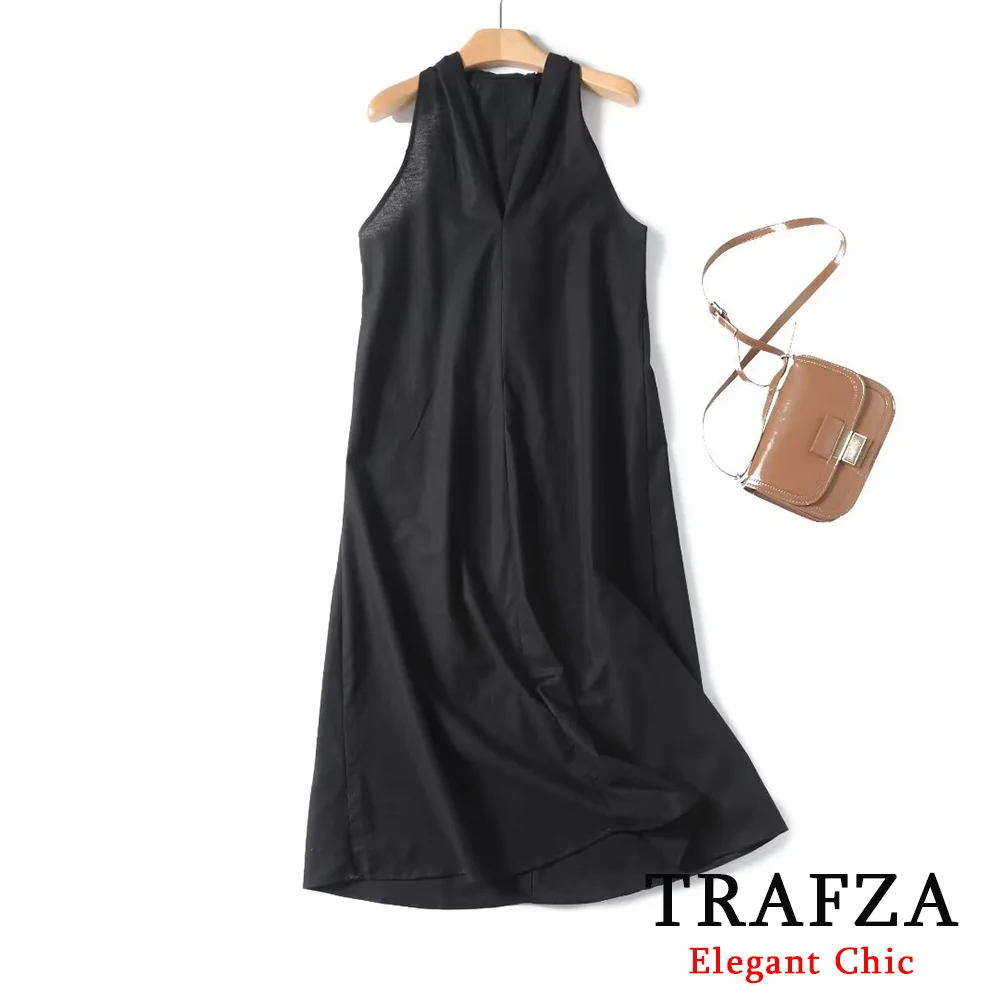 

TRAFZA Elegent French Luxury Solid Sleeveless Women Dress Fashion 2024 Summer Design V-Neck Strapless Dress Party Evening Dress