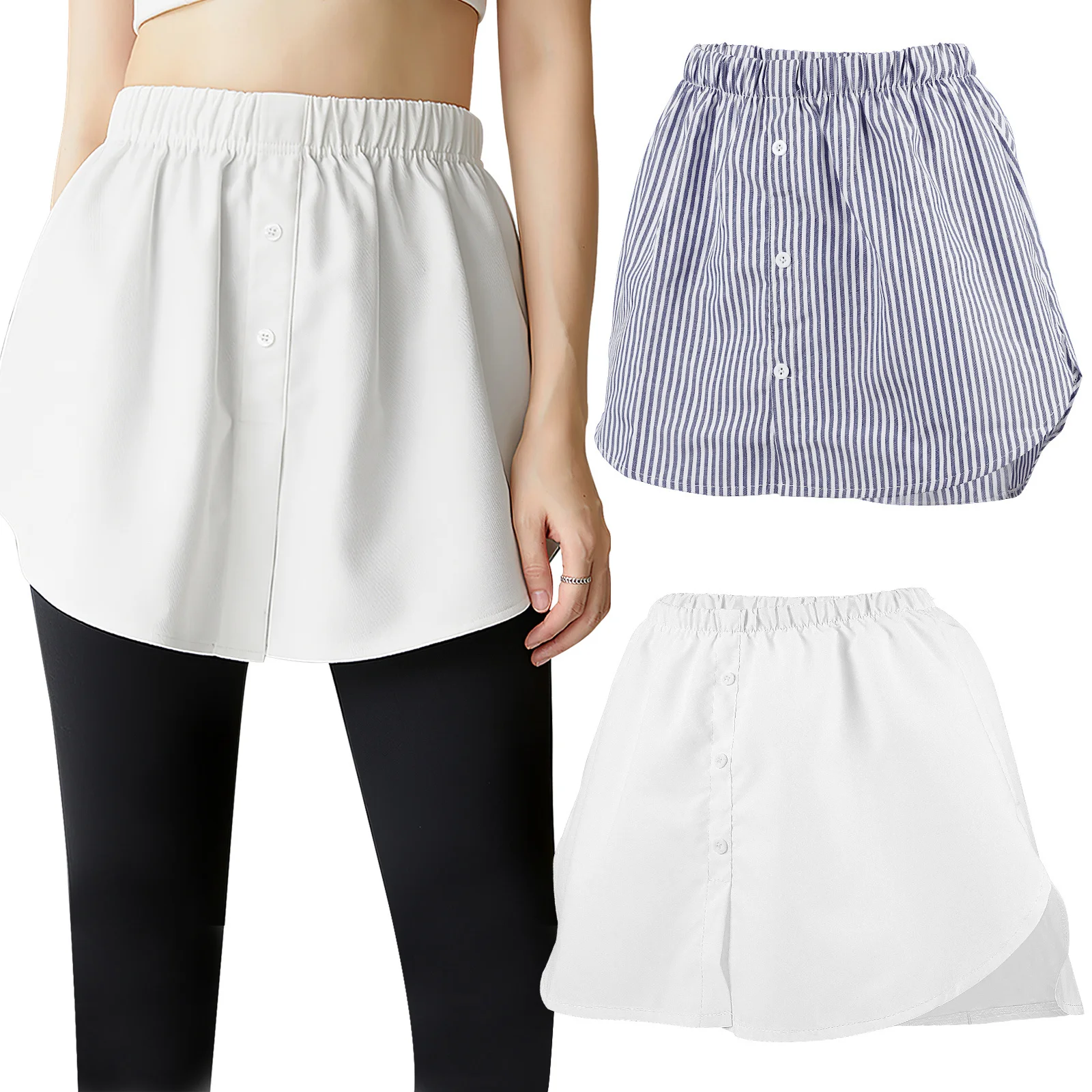 

2pcs White Blue Striped Fake Skirt Hemline Layering Lower Sweep For Women Half Length Skirt Extender Shirt Extender