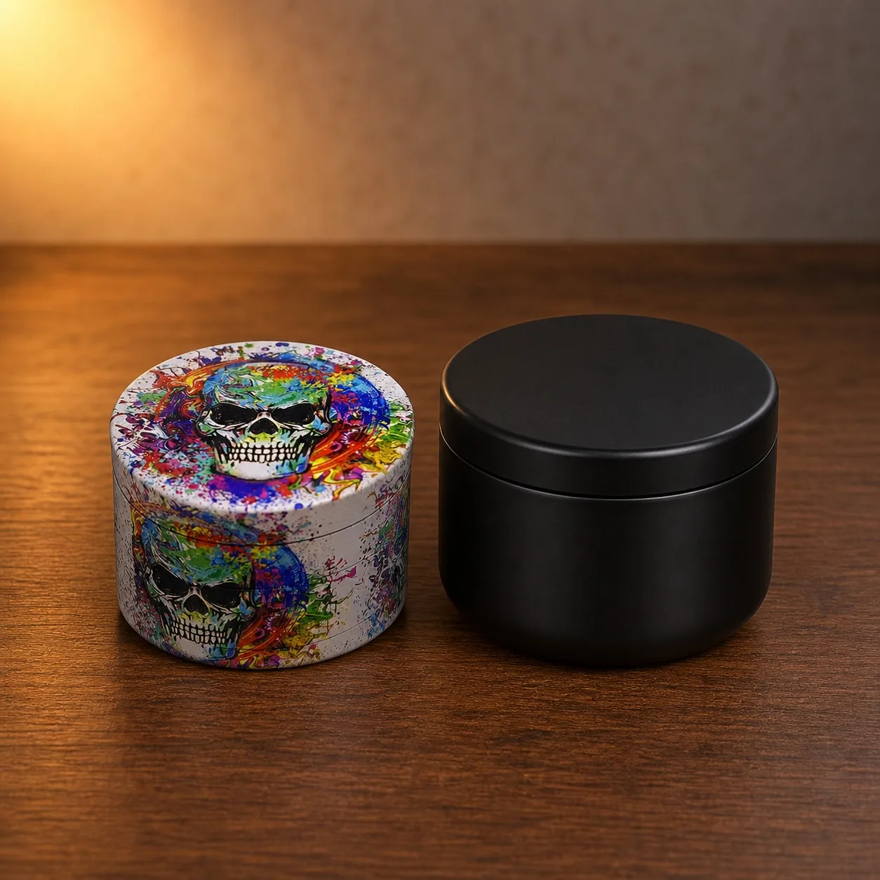 50mm Colorful Skull And Flame Zinc Alloy Herb Grinder 4 Layer Manual Tobacco Mill with Black Storage Jar Set Smoking Accessories