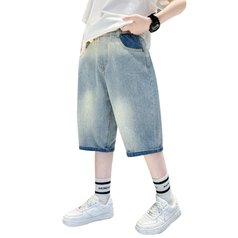 Korte stijl kinderen zomershorts voor jongens effen kleur denim shorts jeans kinderen tiener casual capribroek 5 7 9 11 13 14 jaar