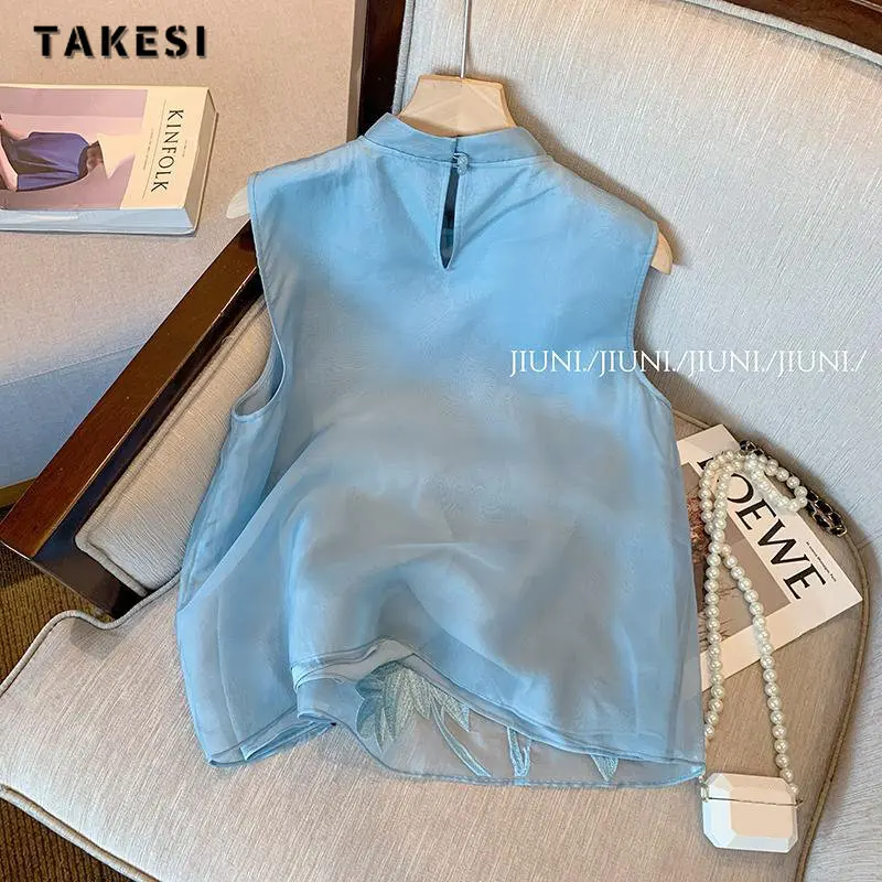 Chinese Vintage Style Stand Collar Sleeveles Embroidery Blue T-shirts 2023 Summer Women Casual Chiffon Loose Fit Tees Top