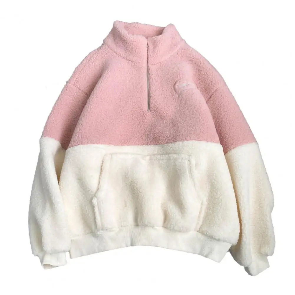 Half High Collar Zipper Fly Long Sleeve Embroidered Letter Pocket Women Sweatshirt Imitation Patchwork Color Pullover Sweatshirt