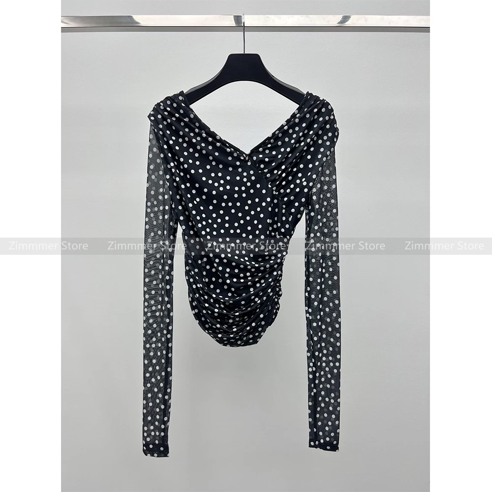 Retro chic V-neck elegant polka dot print long sleeve t-shirt + high waist half skirt suit women